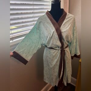 Aria‎ turquoise green & brown short wrap robe. Cotton/poly. Size L Comfort Cozy